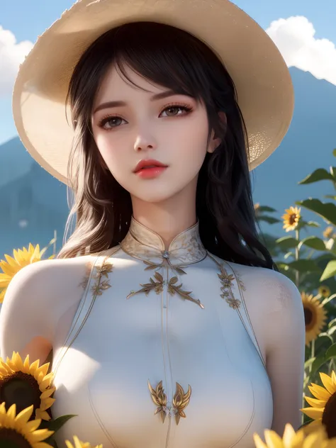 high-quality digital art, happy, red lips, long black hair, wavy long hair, bangs, straight bangs, brown eyes, white skin, red nails, picture-perfect face, flawless, clean, masterpiece, (((sharp))) ((focus)) (instagram) (8k) masterpiece, beautiful dress, d...