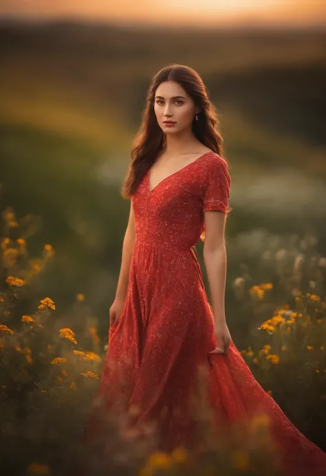 a girl in a red flowing dress, standing on a grassy hill, with a gentle breeze blowing through her hair. She is surrounded by a colorful field of blooming flowers. The girls eyes are bright and filled with wonder, while her lips are delicately curved into ...