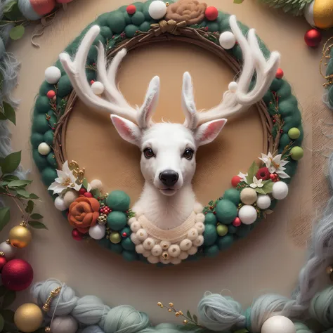 （（（wool felt））），Huge Christmas wreath，The wreath has a deer head and ornaments, The deer head is centered，inspired by Rudolph F. Ingerle, wool felting art, Fully decorated, hight decorated, Handmade, needle felting art,  Feeling stressed、Made of cloth and ...