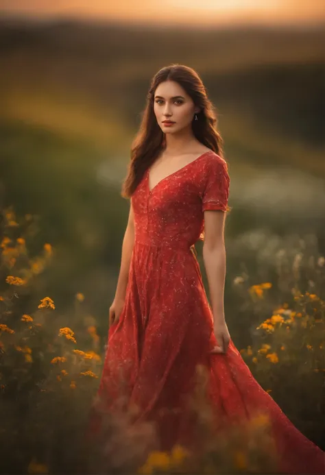 a girl in a red flowing dress, standing on a grassy hill, with a gentle breeze blowing through her hair. She is surrounded by a colorful field of blooming flowers. The girls eyes are bright and filled with wonder, while her lips are delicately curved into ...