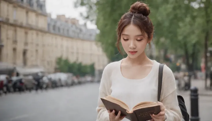 holding a book,kpop idol,bun hair、portlate、paris street,short pants