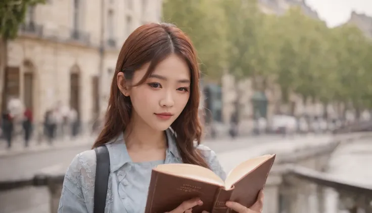 holding a book,jpop idol,bun hair、portlate、paris street,short pants