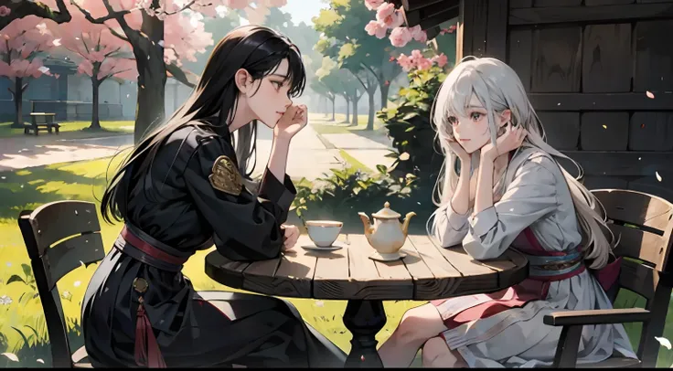 Two women sitting at a table in the grounds of the Royal Palace and having tea time、cherry trees、Discourse scene、Peaceful scene、Epic fantasy art、High-quality cinematic portrayal、comic strip、animesque、Novelization novel illustration、Delicately expresses smo...