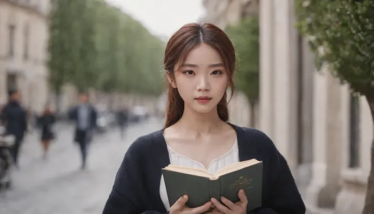 holding a book,kpop idol,bun hair、portlate、paris street,short pant