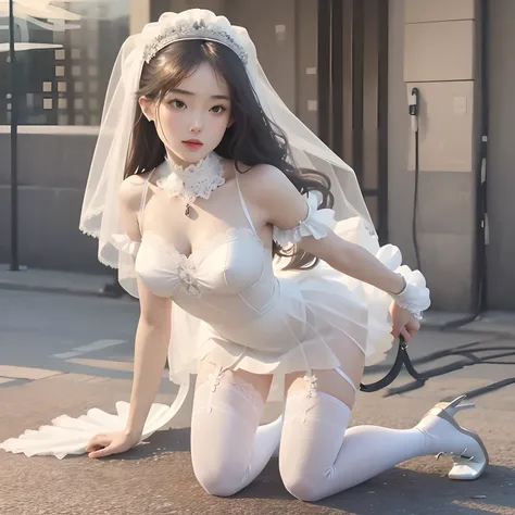 Masterpiece, high quality, beautiful wallpaper, 16k, animation, illustration, front view, overlooking camera, perfect body, detailed face, delicate features, 1girl, sexy,(the wedding: 1.5), (a lot of people: 1.5), (white gown), white condole belt bud silk ...