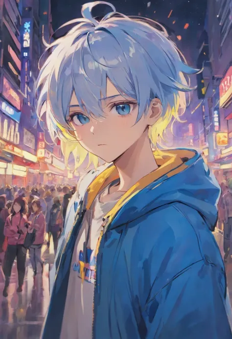 （tmasterpiece）， （best qualtiy）， （ultra - detailed）， A young man with short blue white gradient hair,  blue eyes,  Wears a student team jacket,  wear round transparent glasses, wearing headphones, front look ,  look at viewer， The upper part of the body， ci...