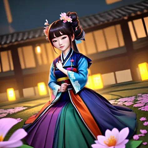 best quality, High_resolution, diferente_imagem, Antecedentes detalhados ,garota, Hanbok,flor,Jardim,lua, Noite,Dutch angle, tiro largo, coroa,