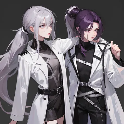 young skinny guy, delicate facial features, long dark purple hair gathered in a low ponytail, a lot of silver jewelry, dark tight-fitting clothes, white coat, belts, dark faded look, tired face, many details