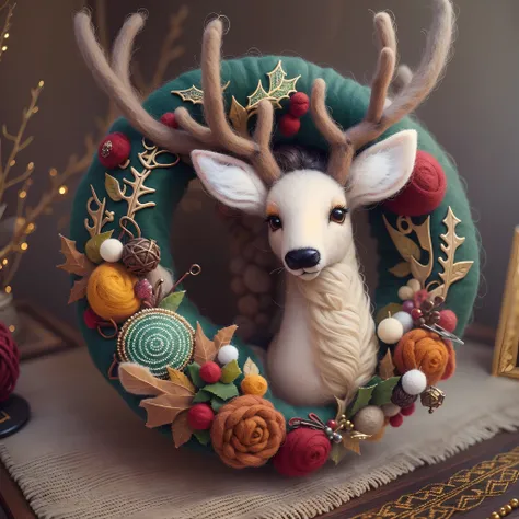 （（（wool felt））），（Huge Christmas wreath，The wreath has a deer head and ornaments, （The deer head is centered，Deer head symmetry），Beautifully decorated，Tedious and intricate details，），((Handmade, （needle felting art,  Feeling stressed）、Made of cloth and bead...