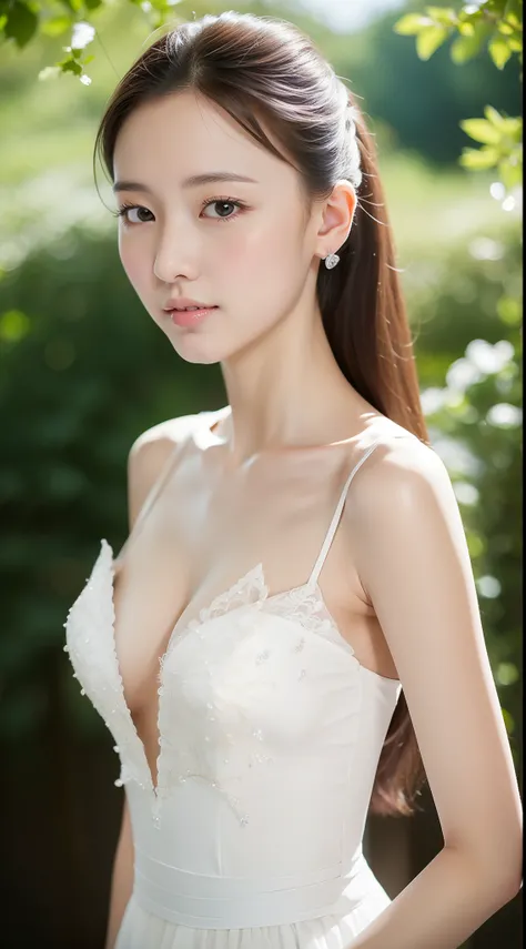 Ultra-clear resolution，top Quority，Wonderful young girl，ear studs，Clear  eyes，plain face，Gloss on lips，s the perfect face，White skin，Perfect chest，Slender legs，Tight wedding dress，great outdoors