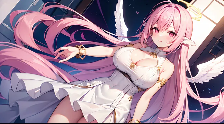 1 girl, game CG, 1 girl, game CG, see-through white dress, cleavage visible, shoulders visible, long white skirt, angel halo, angel wings, bangles, gigantic breasts, pink hair, long hair, straight hair , ahoge, pink eyes,