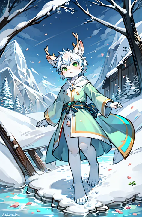 A white deer，deer antlers，rios，mountain ranges，long white robe，Green eyes，blue-sky，White petals，Melting of ice and snow，Melting of ice and snow，Shota，adolable，White pear blossom tree，Shota，adolable，Green clothing，White ears，Fluffy ears，Petals fall all over...