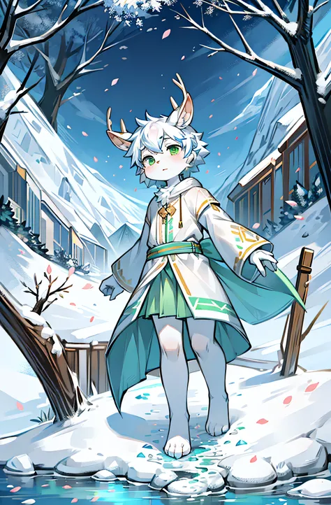 A white deer，deer antlers，rios，mountain ranges，long white robe，Green eyes，blue-sky，White petals，Melting of ice and snow，Melting of ice and snow，Shota，adolable，White pear blossom tree，Shota，adolable，Green clothing，White ears，Fluffy ears，Petals fall all over...