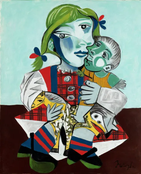 painting of a woman holding a child and a child, style of picasso, by Picasso, pablo picasso painting, by Pablo Picasso, cubist picasso, picasso style, picasso masterpiece, similar aesthetics to picasso, inspired by Picasso, inspired by Pablo Picasso, chil...