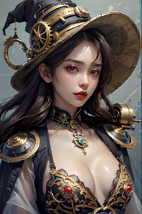 (masterpiece), (best quality), 8k resolution, 1girl, Asian girl, stunning beauty, perfect face, mature female, 20yo, sexy, steampunk, witch hat, at the workshop