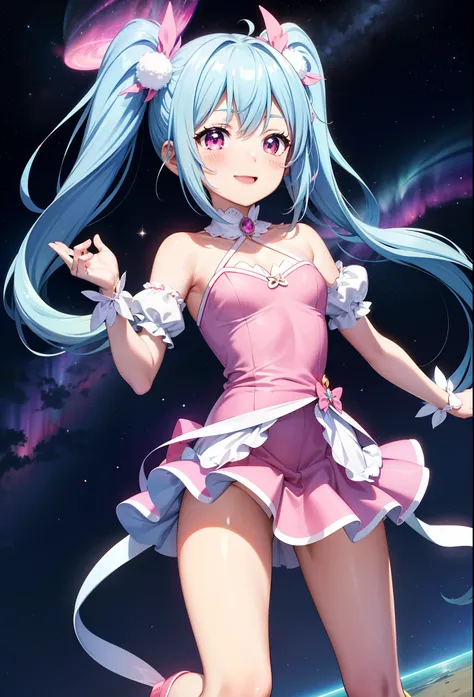 Super Idol　Chibichara　A charming smile　sky blue hair　length hair　Twin-tailed　skinny　Sparkly bright pink and white leotards　facing front　Mystical　Fantasia　constellation　a moon　Aurora Borealis in the Night Sky