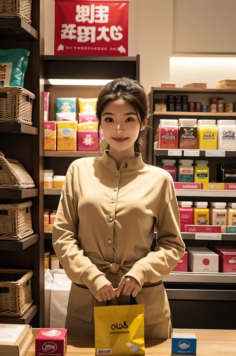 An Asian woman, her eyes sparkling with determination and a hint of a smile playing on her lips, stands confidently in her crisp cashier’s uniform. Her hair is neatly tied back, revealing her delicate features. She is positioned behind the counter of a bus...