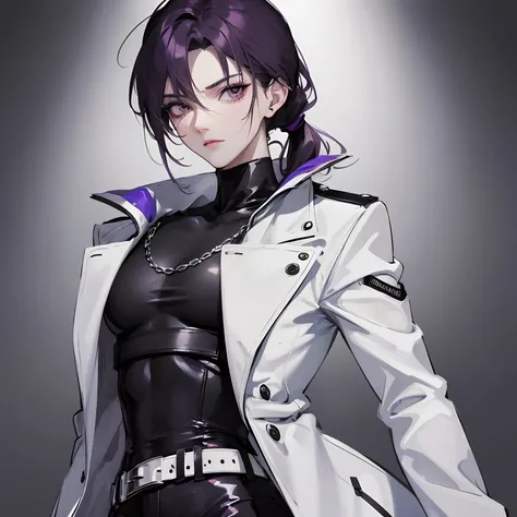 young skinny guy, delicate facial features, long dark purple hair gathered in a low ponytail, a lot of silver jewelry, dark tight-fitting clothes, white coat, belts, dark faded look, tired face, many details