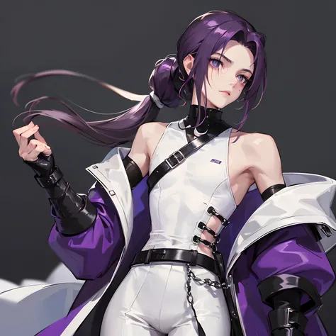 young skinny guy, delicate facial features, long dark purple hair gathered in a low ponytail, a lot of silver jewelry, dark tight-fitting clothes, white coat, belts, dark faded look, tired face, many details