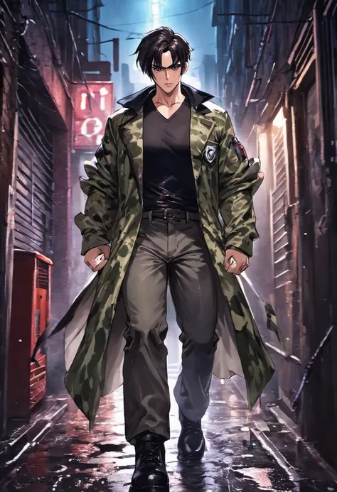 Close-up photos, Male, 29 years old, A dark-haired,Chunky white highlights on the temporal region, Doctors lab coat over black V-neck T-shirt,Wearing camouflage pants and black military boots, In a rainy back alley at night, Photorealistic, Cinematic light...