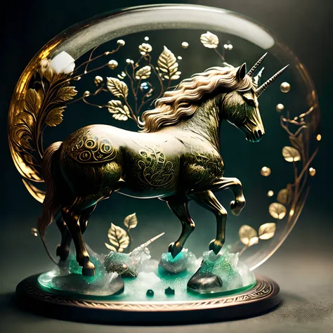 rpg model,bubble | concept glass,celtpunkai , unicorn figurine made of bronze , beautiful silver leaves are visible on the unico...