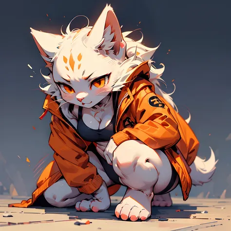 (Masterpiece), Best Quality, expressive eyes, perfect faces, furs, Female Cat Girl, B Cup Breasts, Orange Eyes, Orange Open Jacket, white body, Black sports bra, hate speech, 4 fingers, 4 toes, Glad look on your face, Squatting pose