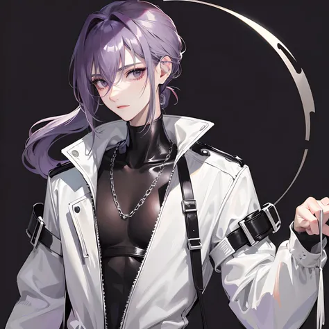 young skinny guy, delicate facial features, long dark purple hair gathered in a low ponytail, a lot of silver jewelry, dark tight-fitting clothes, white coat, belts, dark faded look, tired face, many details