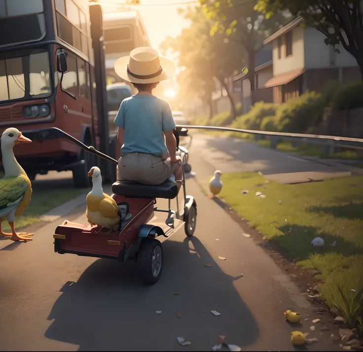 Imagine a scenario with a smiling little boy pushing a special toy car, equipado com uma pequena carretinha que transporta uma imagem de uma santinha. in sky, Three cute little birds fly in circles, enquanto um cachorrinho brinca alegremente ao lado do gar...