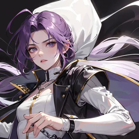 young skinny guy, delicate facial features, long dark purple hair gathered in a low ponytail, a lot of silver jewelry, dark tight-fitting clothes, white coat, belts, dark faded look, tired face, many details