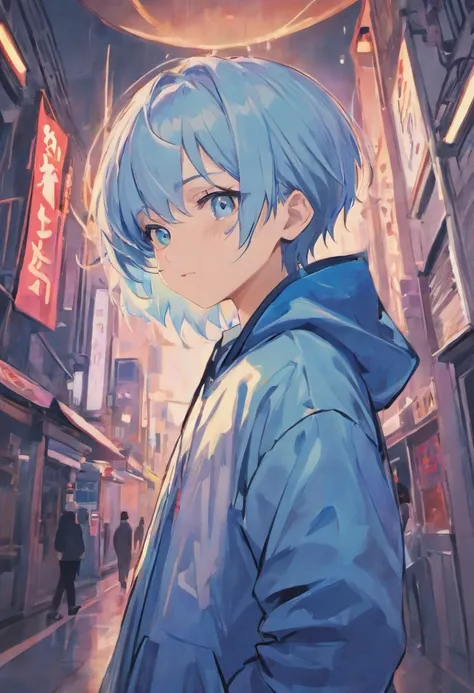 （tmasterpiece）， （best qualtiy）， （ultra - detailed）， A young boy with short blue white gradient hair, blue eyes, Wears a student team jacket, wear headphones, front look , look at viewer， The upper part of the body， city， Flowingcolors， mostly cloudy sky，