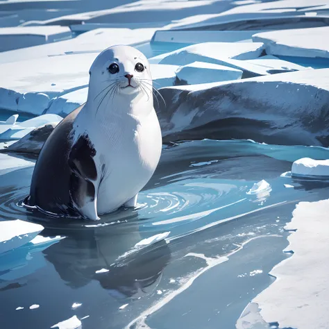 JPEG maximum quality, 8-bit Adobe RGB (1998),image of a seal on a white ice floe ,high skin detail ,Maximum image quality ,real-photo