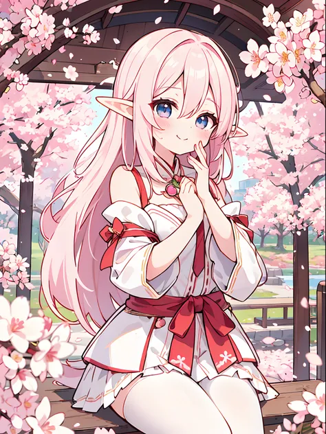 A very beautiful elf, with an expression of satisfaction, hearts in her eyes, her hands are placed on her face, she is looking at the camera, cherry blossoms are in the foreground, in the background there are cherry blossom petals. cherries flying in the a...