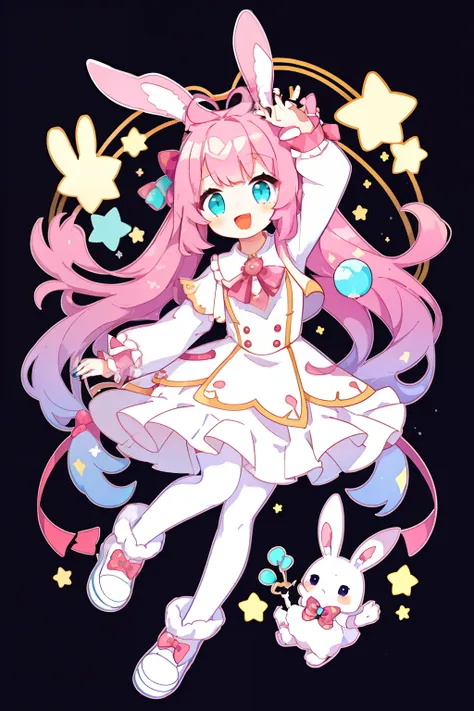 1girl in, animal ears, pink hair, long hair, rabbit, open mouth, smile, rabbit ears, bow, solo, white background, dress, pantyho...