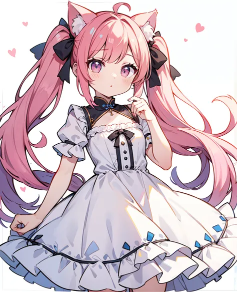 独奏, dress, flower, long hair, white dress, pink twin tails, very long hair, cat ear,