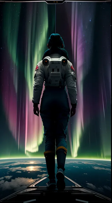 The top half of the screen is Aurora in the top half of the screen、The bottom half draws a female astronaut