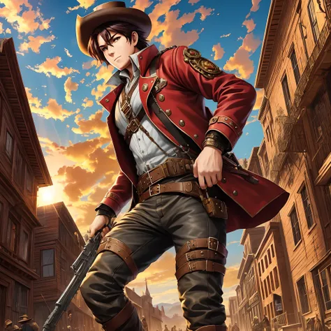 red jacket and carrying steampunk-style weapons in the midst of the Old West. The setting should feature a vivid, sunlit backdrop with a distinct steampunk aesthetic,sun in the background, anime style --auto --s2