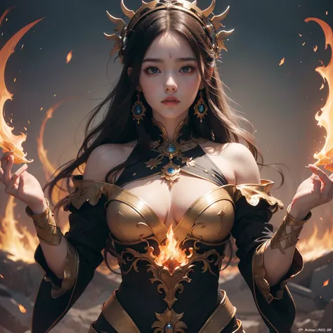 Goddess of Fire、Wlop、artgerm、hyper realisitic、Hyper-detailing、Photorealsitic、Breathtaking、Beautiful fece、sense of awe、Incredible composition、amazing depth、Impression、Meticulously composed、16k resolution concept art、femele、Gorgeous backgrounds、25-years old