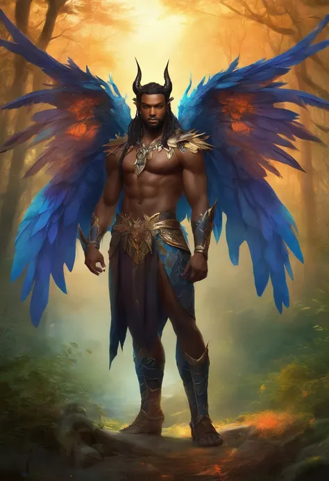 Black Demon Beautiful Male Black Man with Blue and Orange Details, Large Wings, Forest in the Background, Vibrant Colors, Full Body, Detailed Face, Detailed Hands, Detailed Legs, Detailed Fingers, Detailed Hair, Detailed Eyes, Detailed Skin, Lush Vegetatio...