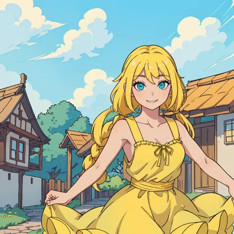 perfect anime illustration, Extreme close-up portrait of a beautiful adult girl alone, Standing alone, Cyan eyes, smiling very nicely, Bright yellow hair, Bright yellow long braids, slavic style, summer dress, Very beautiful body, sexy body, Village on the...