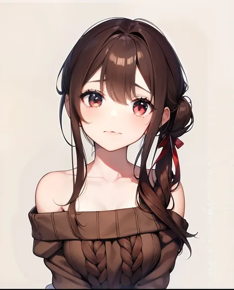 1 girl in, disheveled brown hair, Horizontal knotting,　Bunching hair with ribbons, Red Eyes, Shoulder out, Knitwear with shoulders out, glamor, kawaii, The highest quality of the masterpiece, high-level image quality