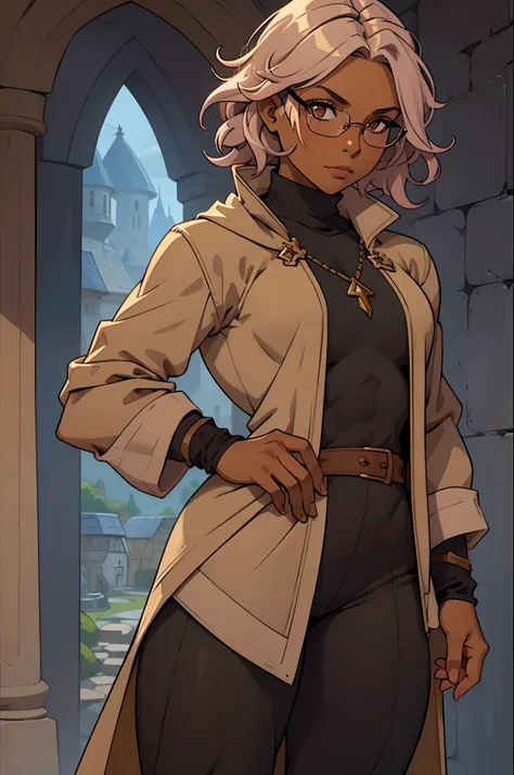 Solo, female, pink turtleneck tunic, cloak, fantasy outfit, fantasy village, short hair, wavy hair, messy hair, ((dark tan skin)), glasses, cleric, cropped jacket, athletic, slightmuscle, slightly muscular, pants