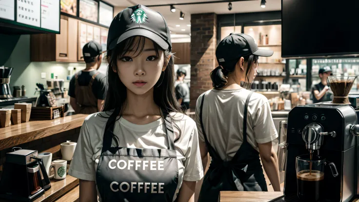 A girl in a black Starbucks uniform makes coffee，White short sleeve lining，（The palm does not appear 1.5），Wearing a baseball cap on his head，Clothes and skin are soaked all over，（wetclothes：1.8），Reflective skin，Sweaty skin，high high quality、tmasterpiece、Hy...