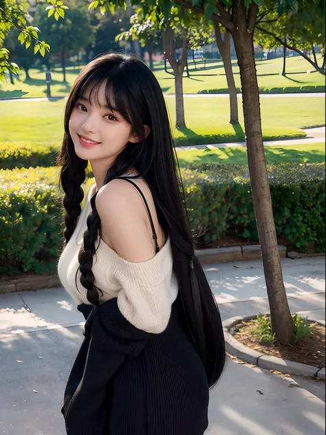 girl with１a person、cute  face、delicated face、Coquettish smile、tthin eyebrows、beautidful eyes、Very long black hair、Silky long straight hair、Braids、Beautiful bangs、Delicate figure、Oversized one-piece sweater、spats、espadrilles、a park