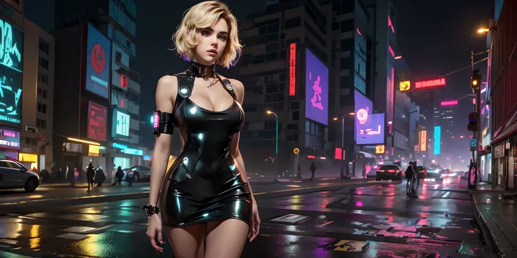 Kiernan Shipka with short blonde hair in a short dress and black latex neckline standing on a wet street, seios grandes, cintura fina, coxas grossas, em cyberpunk city, em uma cidade cyberpunk, no estilo cyberpunk, Foto cyberpunk, Cyberpunk shiny latex sho...