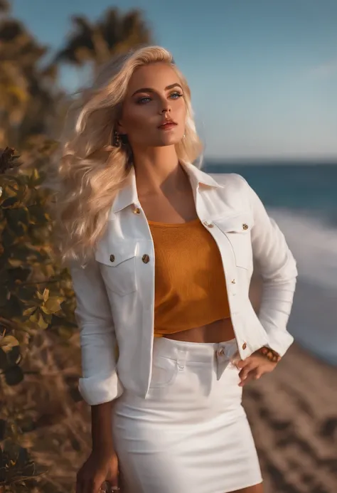 Realistic white female Instagram influencer, Best quality, Blonde, 1 girl, Blue eyes, White tight skirt