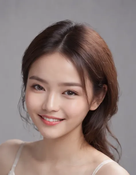 (photo: 1.3) af (realistic: 1.3), East Asian woman, soft light, clear face, happy, cheerful, smiling, warm light, ((gray-white gradient background)), (background)). ((gray wall background))) avatar, (long or short hair), smile, handsome, young,, short hair...