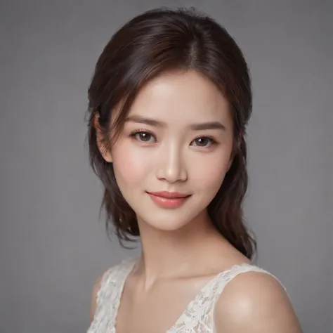 (photo: 1.3) af (realistic: 1.3), East Asian woman, soft light, clear face, happy, cheerful, smiling, warm light, ((gray-white gradient background)), (background)). ((gray wall background))) avatar, (long or short hair),handsome, young,, short hair, ((clos...