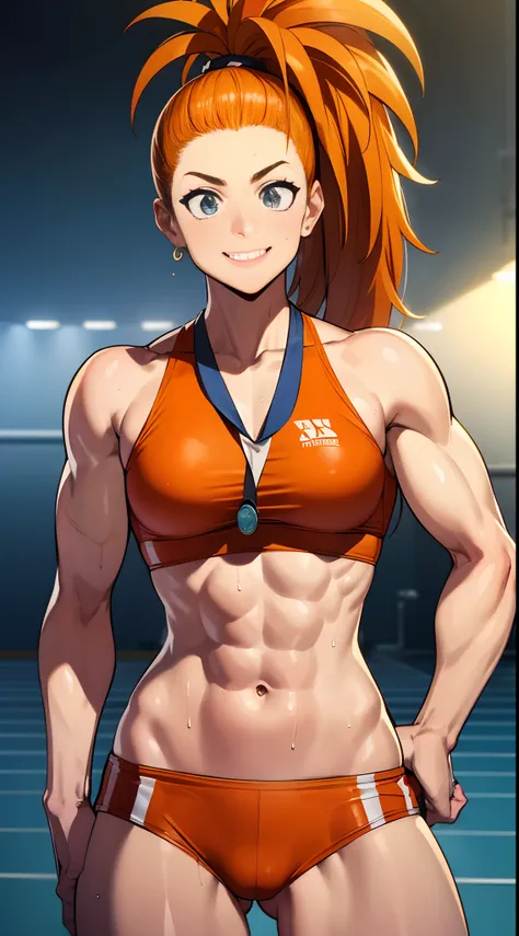 (track and field, stadium:1.2), (rim lighting), (detailed face:1.1), 1girl, solo, smile, captain mizuki, one-punch man, highres, muscular female, breasts, orange hair, sports bra, upper body, high ponytail, long hair, medal, sweat, steam, steaming body, mu...