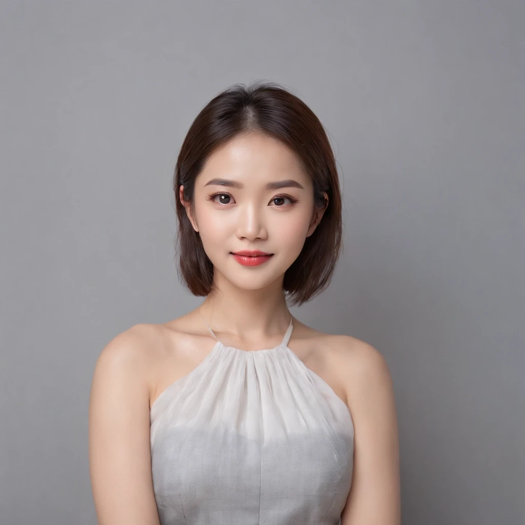 (photo: 1.3) af (realistic: 1.3), East Asian woman, soft light, clear face, happy, cheerful, warm light, ((gray-white gradient background)), (background)). ((gray wall background))) avatar, (long or short hair), handsome, young,short hair,((close-up))