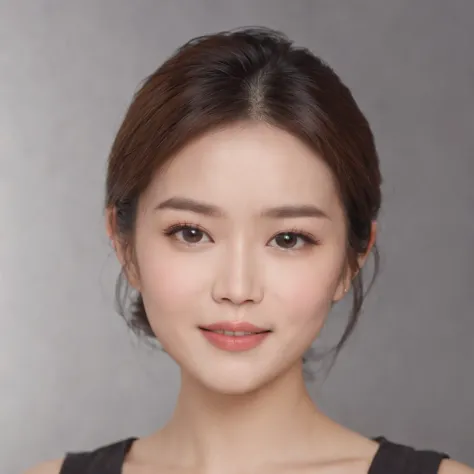 (photo: 1.3) af (realistic: 1.3), East Asian woman, soft light, clear face, happy, cheerful, warm light, ((gray-white gradient background)), (background)). ((gray wall background))) avatar, (long or short hair), handsome, young,short hair,((close-up))